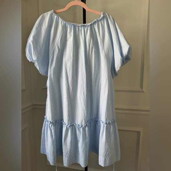 MON-RENN Australia Light Blue Striped Puff-Sleeve Midi Dress Size L - Picture 5 of 5